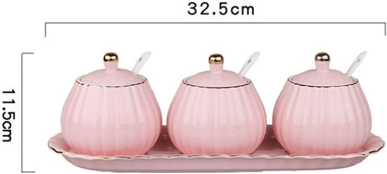Salero Y Azucarero Cocina Juego De Tarros Especias Cerámica Con Tapa, Cuchara Y Bandeja, Para Condimentos, Caja Para Almacenamiento En El Hogar, Para Sal, Cocina Caja De Almacenamiento(Pink)