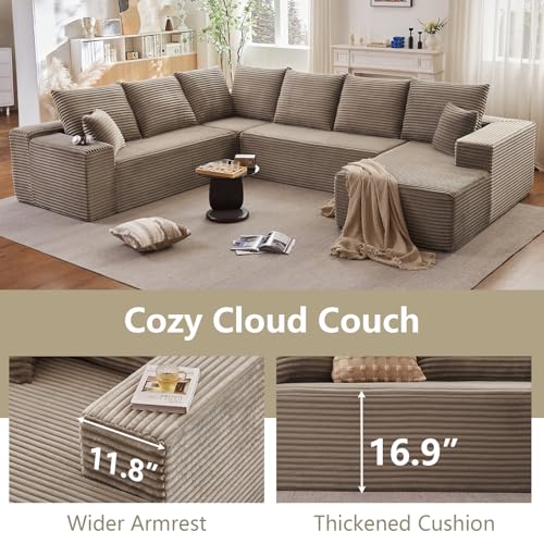 Image of Sectional Cloud Couch with L-Shape Chaise, Modern Modular Comfy Sofa with Deep Seat, Upholstered Corduroy Couches Stupendous U Shaped Sofas for Living Room Bedroom, No Assembly Required, Camel