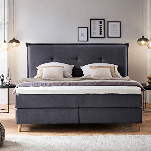 Möbelfreude Doluna Aurel Boxspringbett 180x220 cm Anthrazit H2/H3 | 7-Zonen Tonnentaschenfederkern Matratze & Visko-Topper mit Klimaband | Kopfteil mit umlaufender Keder | Made in Germany
