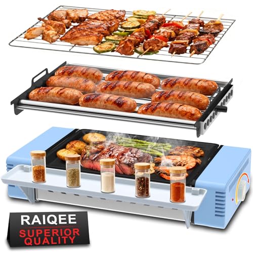 RAIQEE Electric Hot Dog Roller Machine for Home,3 in 1 Indoor Grill with Removable 6 Hotdog Roller Grill, Nonstick Grate & Pan,Fits 9 Sausage for Family BBQ,Game Night (Blue)