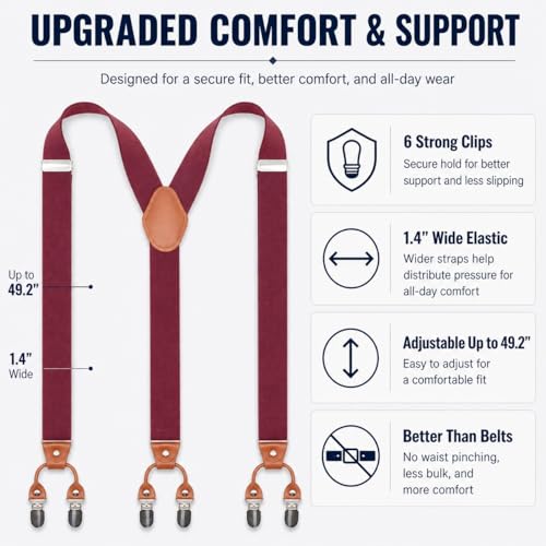 Image of Men's Heavy Duty Y-Back Suspenders, 6 Strong Metal Clips Adjustable Elastic Straps for Work, Tuxedos, and Daily Wear