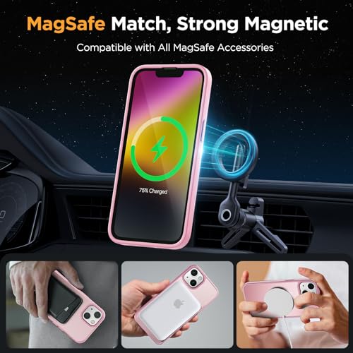 Image of Miracase for iPhone 14 Case [MagSafe Compatible] [2x 9H Tempered Glass] 12FT Military-Grade Drop Protection, Slim Translucent Matte, Anti-Fingerprint, Shockproof with Metal Buttons, Mes-Pink