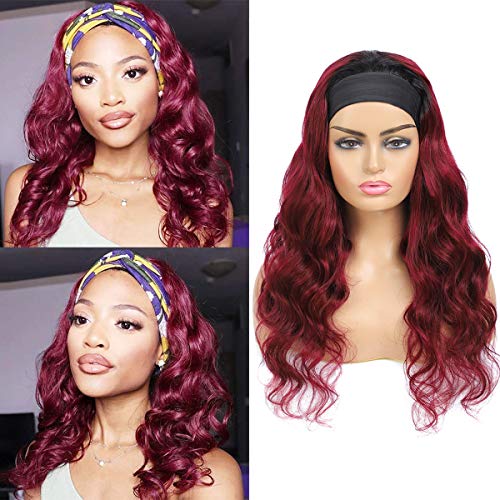 None Lace Front Wigs 1B Burgundy Body Wave Headband Wig 100% Brazilian Hair Machine Made Headband Body Wave Wigs 18 Inch