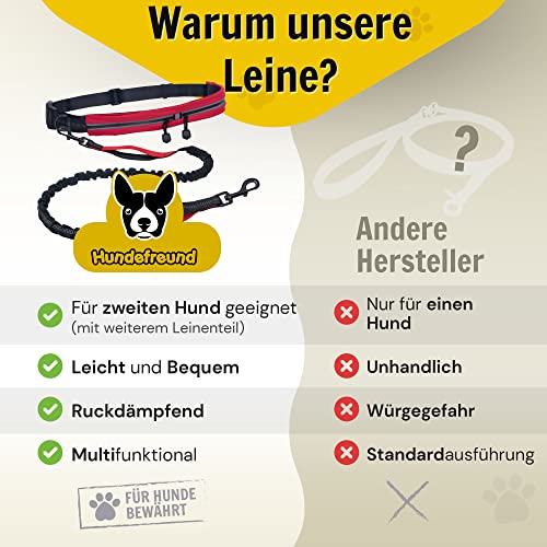 Hundefreund Joggingleine mit Bauchgurt Rot | Laufleine Elastisch Ruckdämpfend Reflektierend für mittelgroße und große Hunde bis 70 kg | Freie Hände zum Joggen Laufen Radfahren Wandern