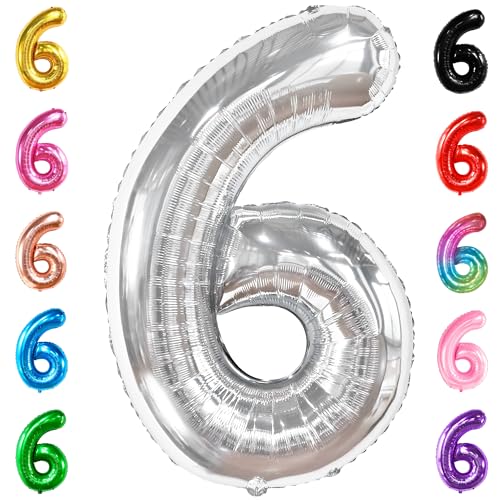 Image of Katchon, 40 Inch Silver Number 6 Balloons For 6th Birthday Decorations