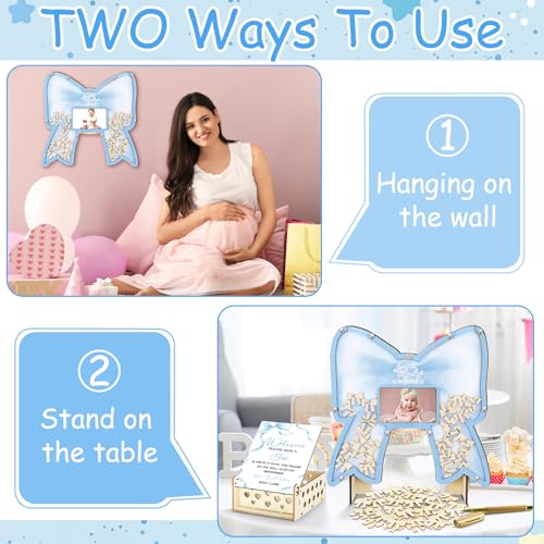 Image of Wenqik 63 Pcs Coquette Blue Bow Baby Shower Guest Book Alternatives Set Baby Shower Decorations with Photo Frame Sonogram Frame Keepsake 60 Wood Slices Guest Book for Birthday
