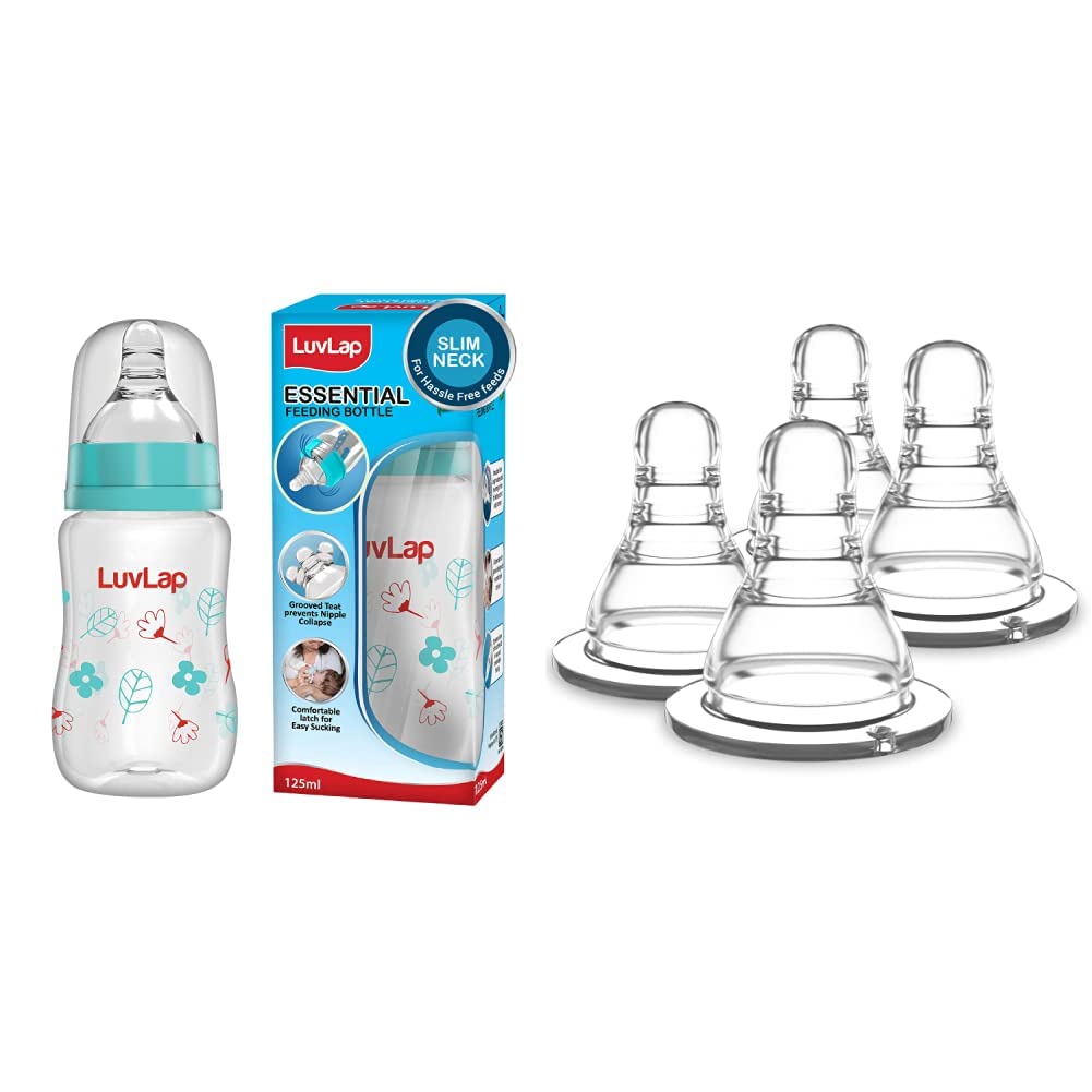 LuvLap Slim Feeding Bottle 125 ml & Slim Nipple Fast Flow, 4 Pcs