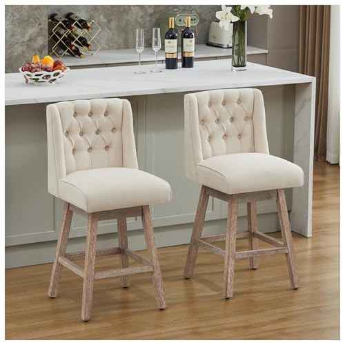 Image of 26 inch Swivel Bar Stools Set of 2, Counter Height Barstools with Back, Linen Fabric Upholstered Bar Stools, Modern Barstools Wood Legs for Kitchen Island Dining Room Bar