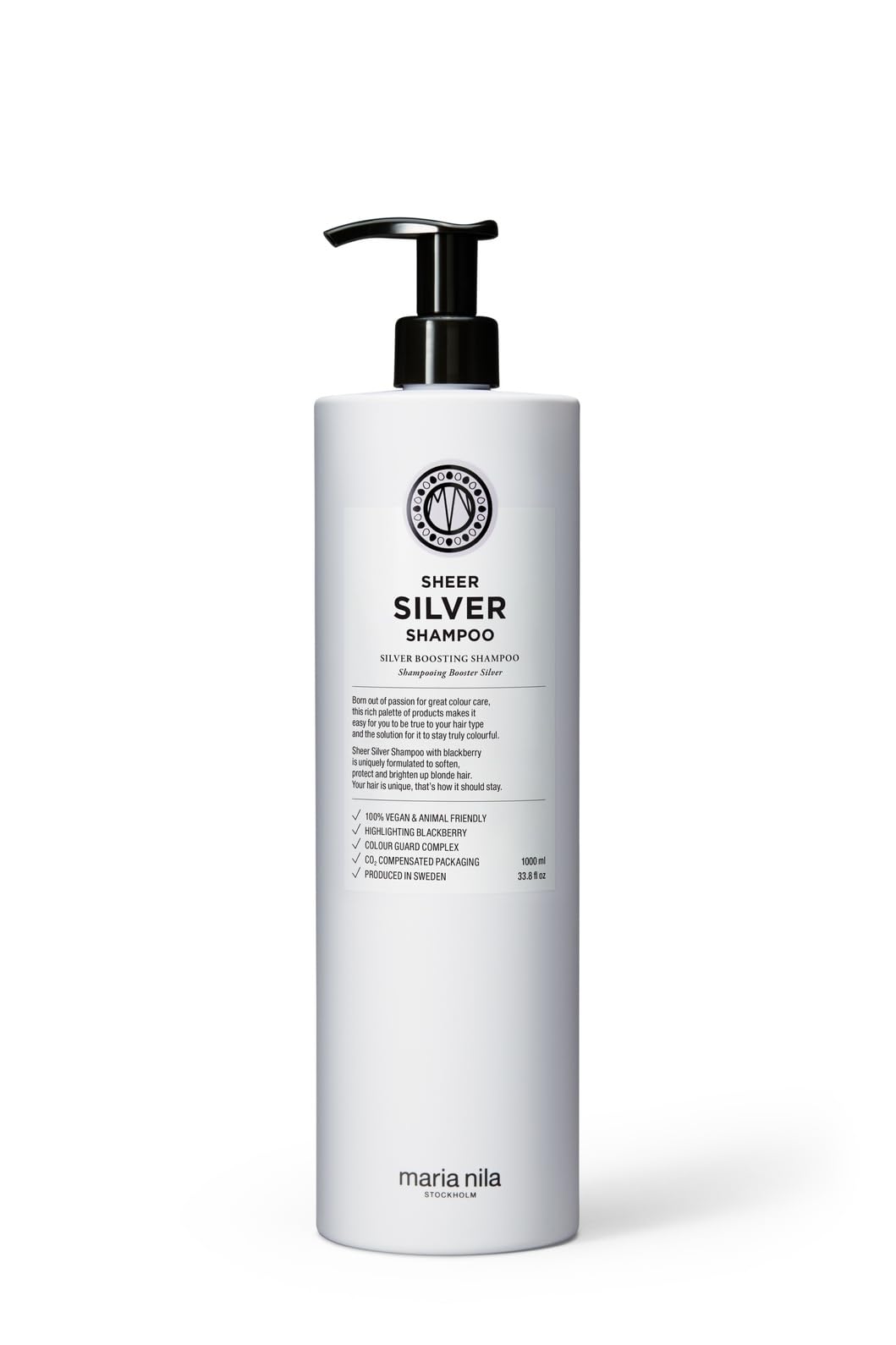 Maria Nila Sheer Silver Shampoo, Neutralisiert goldene Nuancen, violette Pigmente verleihen einen kühlen Ton, 100% vegan, Sulfat & Parabenfrei 1000ml