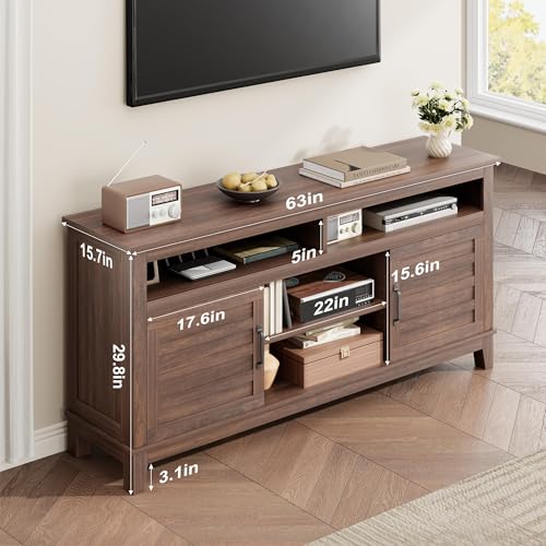 Image of 63 Inch TV Stand for Televisions Up to 70 Inches, Rustic Farmhouse Media Console with Height-Height-Customizable Shelves & Cabinet Doors, Entertainment Center for Living Room or Bedroom,Brown