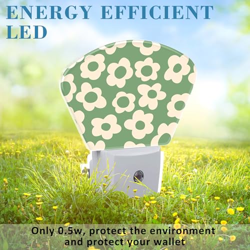 Image of Vintage Green Flowers Night Light, Groovy Flowers Nightlight Plug into Wall with Dusk to Dawn Sensor for Kid Girls Boys Women Men Bedroom, Hallway, Kitchen, Bathroom, Stairs Decor