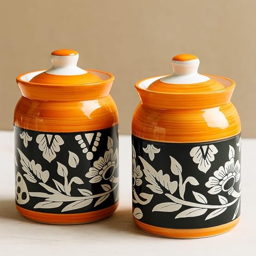 Image of D'Maiolica Ceramic Handmade Pickle Jars In 1000Ml(Set Of 2) | Ceramic Container Set For Kitchen Storage | Pottery Jars For Achar,Spices,Salt,Black (Pack Of 2) (Full Floral Yellow Black Bale)