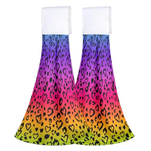 QsirBC Colorful Heart Texture Hand Towels Set of 2 Dish Towels with Hanging Loop Soft Absorbent Dish Cloth Fingertip Towel for Bathroom Kitchen 16.4 * 12.4 Inch