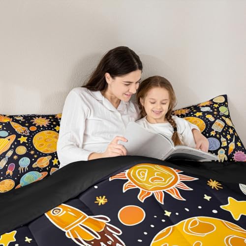 Image of Feelyou Outer Space Comforter Set Queen, Solar System Bedding Set for Kids Planet Solar System Comforter Boys Girls Educational Duvet Set with 2 Pillow Case