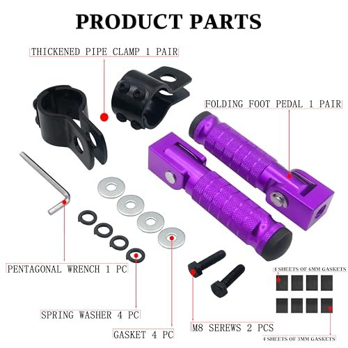 Image of M8 Motorcycle CNC Aluminum 90 Degree Folding Rearsets Folded Motorbike Footrest Bicycle Footpegs Foot Pegs Pedal Universal (Purple)