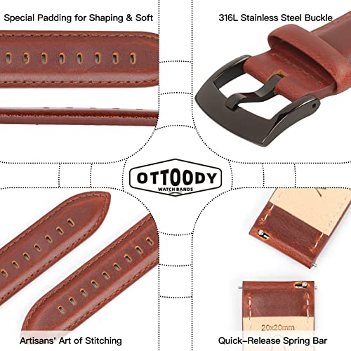Image of OTTOODY Leather Watch Bands Quick Release, Elegant Top Grain Leather Watch Straps for Men & Women, Choice of Color & Width - 18mm, 19mm, 20mm, 21mm or 22mm Wristbands Bracelet for Watch & Smartwatch