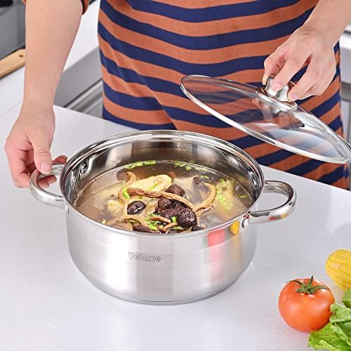 Velaze Cookware Set, Series Motti, 12-Piece Stainless Steel Pot & Pan Sets, Induction Safe, Saucepan, Casserole, Casserole, pan with Glass lid (Set of 12)