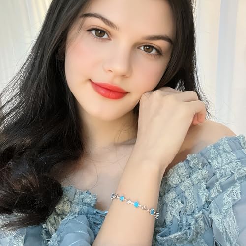 Image of Qlady Heart Link Bracelet for Women, Sterling Silver with Blue Crystal, Adjustable Chain Bracelet, Gift for Valentine's Day & Everyday
