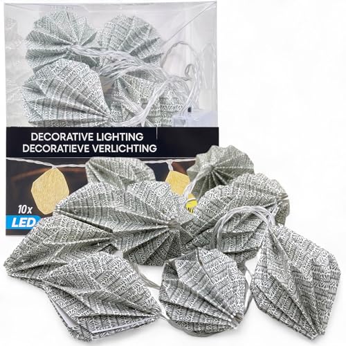 MIJOMA LED Fairy Lights Boho Paper Lanterns, 10 Warm White LEDs, Timer 6h/18h, Battery Operated, Origami Shades, Decoration for Living Room, Window & Party (Diamond - Olive Grey Brush)
