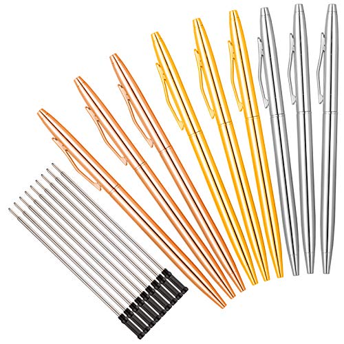 Whaline Ballpoint pens 9 Fine Ballpoint Slim Pens with 9 Refills Rose gold Gold Sliver Metal Pens Black Gel Ink Retractable Pens Electroplated Pen Office Supply Gifts for Students Teachers