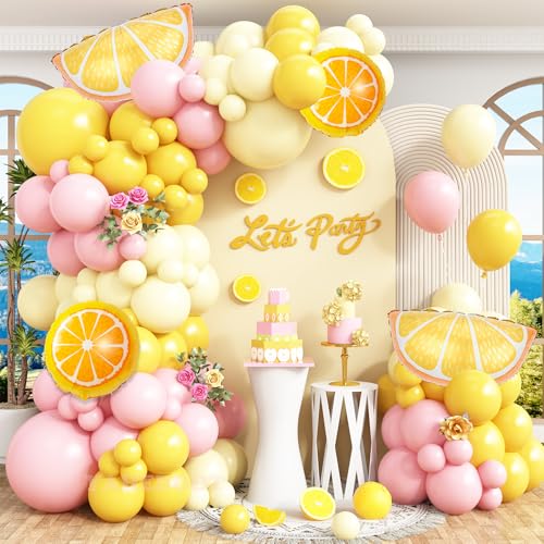 Lemon Balloon Arch Garland Kit 162pcs Pastel Yellow Pink and Yellow Balloon Arch Kit with Lemon Yellow Foil Balloons for Lemon Baby Shower Lemonade Party Main Squeeze Bridal Shower Decorations