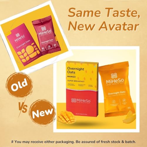 Image of MiHeSo Mind Health Soul Mango Overnight Oats, 60g Single-Serve Pack | Rolled Oats with 15g Protein | High Fibre, Calcium & Probiotics | No Refined Sugar | Gluten-Free