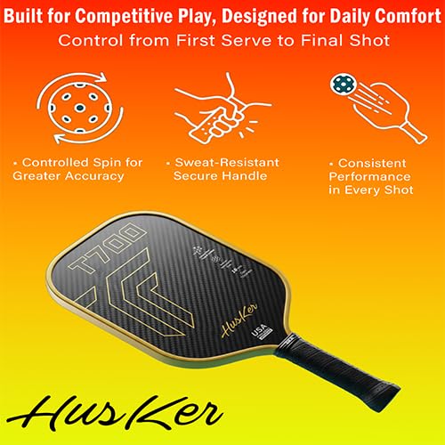 Image of Husker USAPA Approved T700 RAW Carbon Fibre Thermoformed Pickleball Paddle with Spin & Textured Carbon Friction Surface and Elongated Handle (T700-YELLOW)
