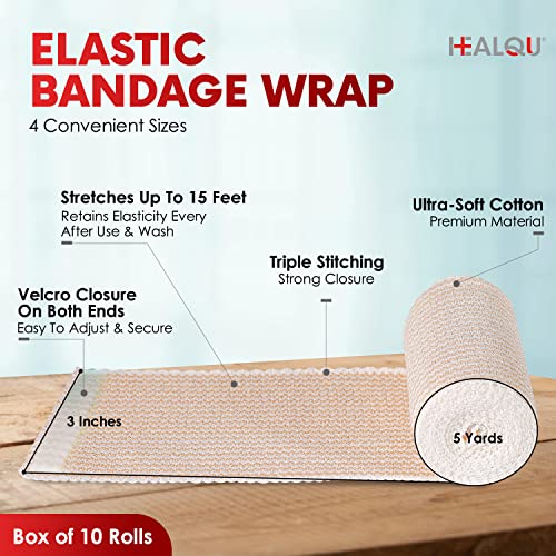 Healqu Premium Elastic Bandage - Self-Closure Compression Wrap For Legs, Knees, Ankles, Wrists, Elbows, Shoulders - 3 Inch By 5 Yards, Box Of 10 Rolls Athletic Stretchable Bandage Wrap #TOP1