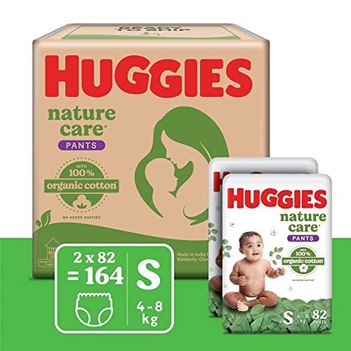 Huggies Nature Care Pants for Babies, Small (S) Size Baby Diaper Pants, 164 Count,(4-8 Kg) Nature’s gentle protection with 100% organic cotton, Small Size , Pack of 164