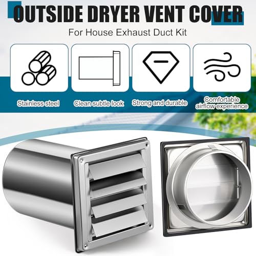 Image of Shimeyao 6 Inch Wall Vent Cover with 8 inch Extended Air Pipe Stainless Steel Dryer Exhaust Vent Cover with Louvre and 4 Screws Wall Mount Exterior for AC Range Hood Kitchen HVAC Air Exhaust, Silver