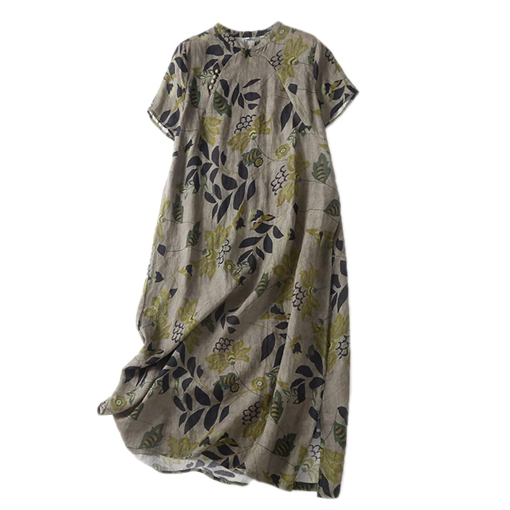 YM YOUMUWomen Summer 3/4 Sleeve Chinese Blouse Top Traditional Mandarin Collar Ethnic Cotton Linen Qipao Shirt