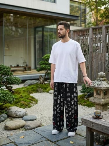 Image of Mens Boho Hippie Harem Pants | Black Printed Wide-Leg Trousers | Koren Streetwear Loose Baggy Fit Summer Lounge Yoga Lowers |Trouser Relaxed Fit for Men | Men Drawstring Pants