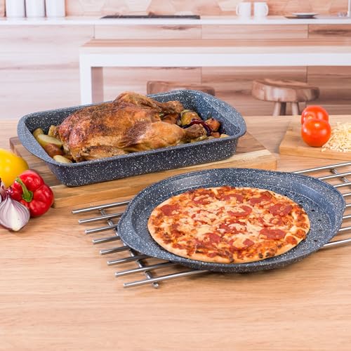 Russell Hobbs COMBO-5440 Nightfall Stone Pizza Tray and Roaster - Non-Stick Oven Trays, 37 cm Perforated Baking Pan with 38 cm Deep Roaster, Carbon Steel Ovenware, Oven Safe Up to 220°C, PFOA-Free - Image 4