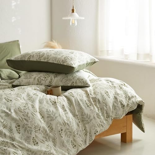 Image of Floral Duvet Cover Queen Size Reversible Olive Green Botanical Flower Bedding Set 3 Pieces Vintage Aesthetic Soft Lightweight Comforter Cover Set for Women Girls with 2 Pillowcases