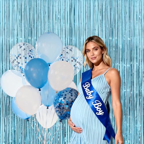 Image of Light Blue Tinsel Backdrop Curtains - Thicken 2 Pack 3.2 x 8.2 FT - Blue Streamers for Birthday, Frozen, Under the Sea, Pool, Beach, Ocean Themed Party Decorations