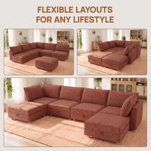Image of 128 inch Chenille Modular Sofa Bed with Washable Covers & Storage, 6-Seater Modular Sectional Sleeper Sofa Bed with Movable Ottoman Chaise, Convertible Sleeper Sectional Couches for Living Room, Orange