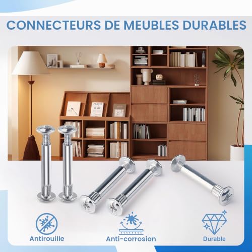 Jeu de 160 connecteurs de meubles et de connexion, connecteurs d'armoire, de corps et de plan de travail (80 vis de meuble + 80 vis à manchon M4), M4 x 31-40 mm en acier nickelé pour l'assemblage – vue 5