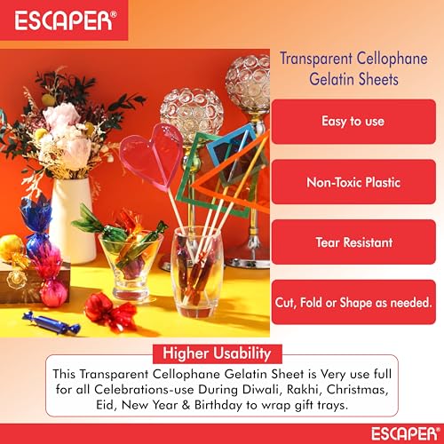 Image of ESCAPER Transparent Cellophane Gelatin Sheets (Mix Colors - 19x29 Inch - 20 Sheets pack) Gift Wrapping for Hampers, Baskets, Bouquets, DIY Crafts & Decorative Packing