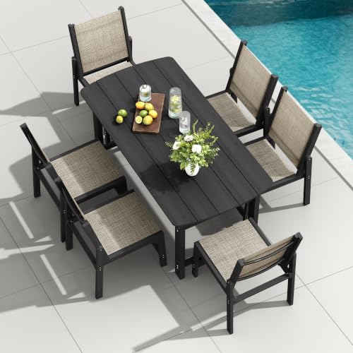 Image of HDPE Outdoor Patio Dining Set with Table & 6 Stackable Armless Textilene Chairs, All-Weather 7-Piece Dining Table Set with Umbrella Hole, Patio Furniture for Garden, Poolside, Backyard, Deck | Black