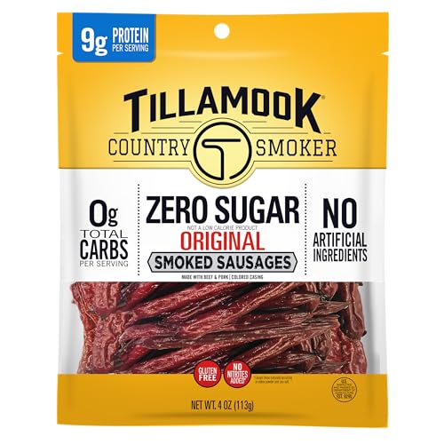 Tillamook Country Smoker Smoked Sausage, Zero Sugar, Original, 4 Ounce (1 Pack) Real Hardwood Smoked Sausages, Low Carb, High Protein Ready to Eat Keto Snack