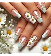 Flower Press on Nails Medium Coffin White French Tip Fake Nails Spring Acrylic Nails Cute Daisy M...