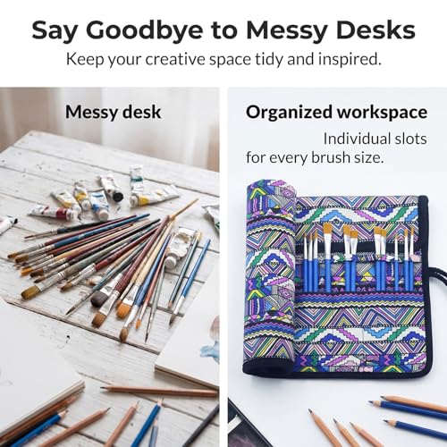 Image of 2 Pack Art Paint Brush Holder, Deluxe Bohemian Style Storage Organizer Roll-Up Case Bag with 20 Slot Pockets, Protects Artist Acrylic Oil Watercolor Paintbrushes(Bohemian)
