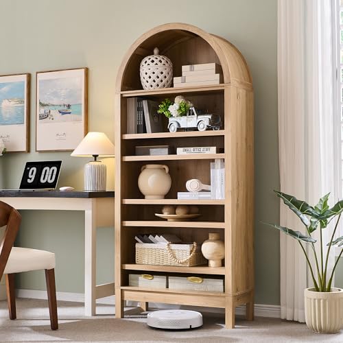 Image of IFBUY 71 inch Tall Arched Bathroom Storage Cabinet, 7-Tier Modern Farmhouse Storage Cabinet with Adjustable Shelves, Wood Freestanding Cabinet for Bathroom, Living Room, Entryway, Hallway (Natural)