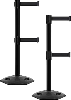 CCW Series WBB-200D - Set of 2 Retractable Dual Belt Barrier Stanchion, Heavy Duty Rubber Base, Black Post (7.5 Foot Belt, Black Belt)