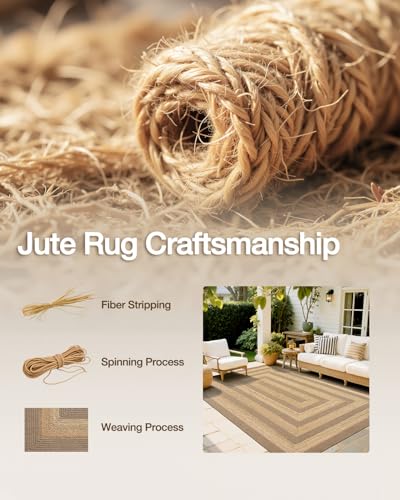 Image of Handwoven Jute Carpet 5x8 Ft Strip Border - Natural Boho Area Rug for Living Room | Eco-Friendly, Durable Floor Mat for Bedroom, Dining & Home Decor