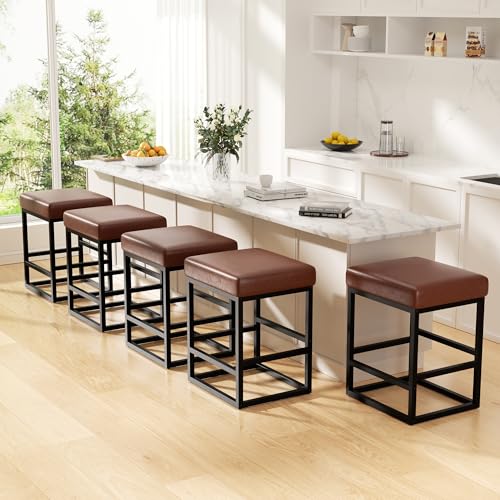 Image of Bar Stools Set of 5, 24in Counter Height Barstools, Faux Leather Counter Stools with Thick Square Seats & Sturdy Metal Base, Modern Bar Chairs for Kitchen Island (Dark Brown)