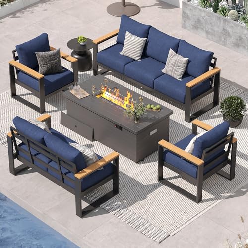 Image of Sundale Outdoor Aluminum Patio Furniture Set, 5 Piece Outdoor Conversation Sets with Fire Pit and 6 inch Thick Olefin Cushions, All Weather Outdoor Sectional Set for Deck, Lawn, Yard (Navy Blue)