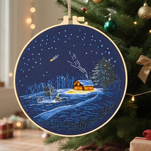 Image of Christmas Embroidery Kits for Beginners Adults, Winter Hand Embroidery Starter Kits, Christmas Cross Stitch Kits for Beginners Needlepoint DIY Kits for Adults, Embroidery Hoop, Thread & Video Tutorial