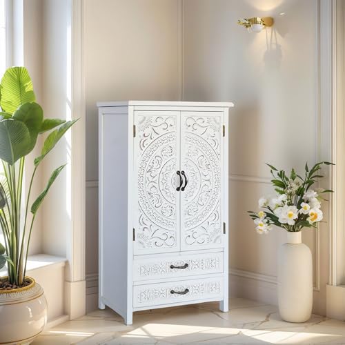 Image of French Country Farmhouse Cabinet - Decorative Storage Cabinet with Vintage White Finish Solid Wood Storage Cabinet for Multi-Room Use, Ideal as a White Sideboard Cabinet in Living Room or Dining Room