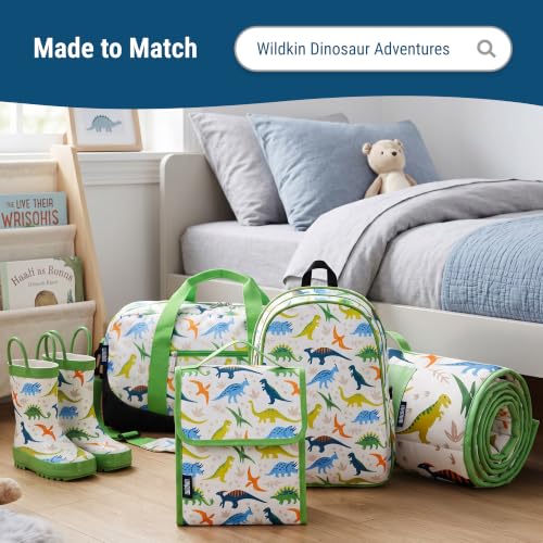 Image of Wildkin Dinosaur Adventures ECO Lunch Box | 11 x 9.5 x 3.5 in insulated rPET lunch box with bottle pocket, interior mesh pocket and removable shoulder strap.
